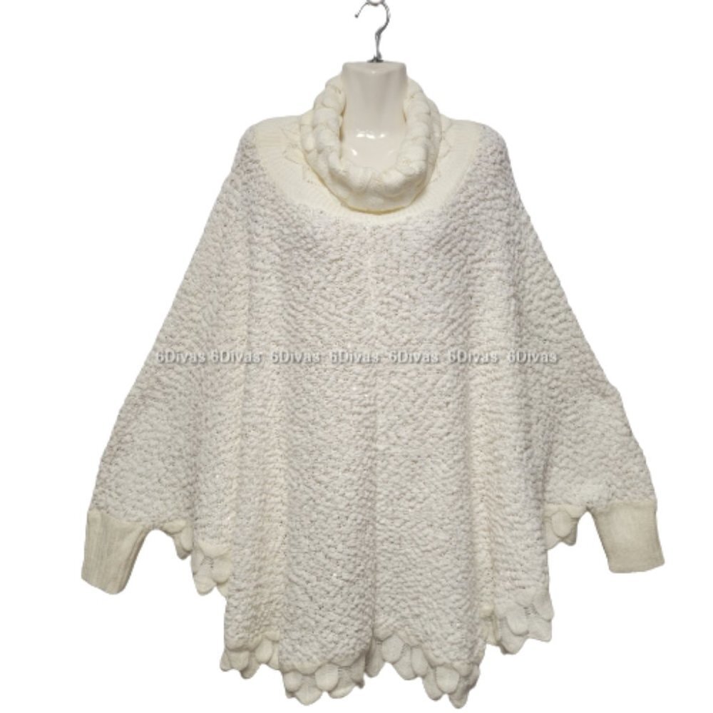 Glitter Sparkly Knit Long Sleeve Turtleneck White Poncho